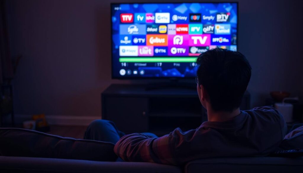 A frustrated person sitting on a couch, staring at a frozen television screen displaying colorful IPTV channel logos, with visible buffering symbols and pixelated images, dimly lit living room with snacks and a remote on the side, conveying a sense of agitation and interruption in entertainment.