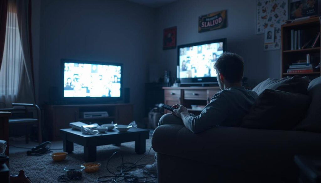 A cluttered living room scene with a person sitting on a couch, frustrated, staring at a frozen television screen displaying pixelated images, a remote control in hand, empty snack bowls scattered around, dim lighting creating a tense atmosphere, cable wires visible and tangled on the floor.