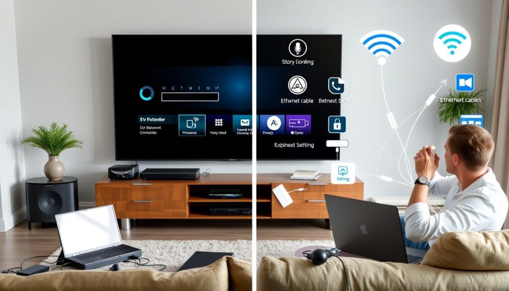 A modern living room with a large flat-screen TV displaying a streaming interface, surrounded by various devices like a router, cables, and a laptop. The scene shows multiple indicators of buffering issues, such as a spinning wheel and loading icons. In contrast, on the other side, depict vibrant elements like a strong Wi-Fi signal icon, tools like ethernet cables and extenders, and a person adjusting their device settings, showcasing solutions to IPTV lag. The atmosphere is bright and inviting, emphasizing technology and comfort.