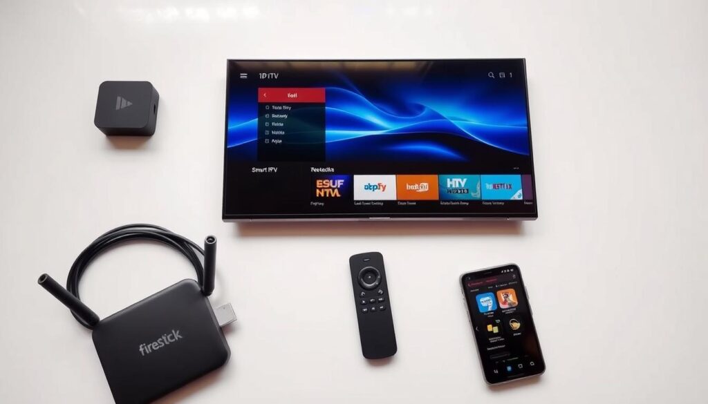 Install Smart IPTV on Firestick with remote, Firestick device, and phone displaying IPTV app