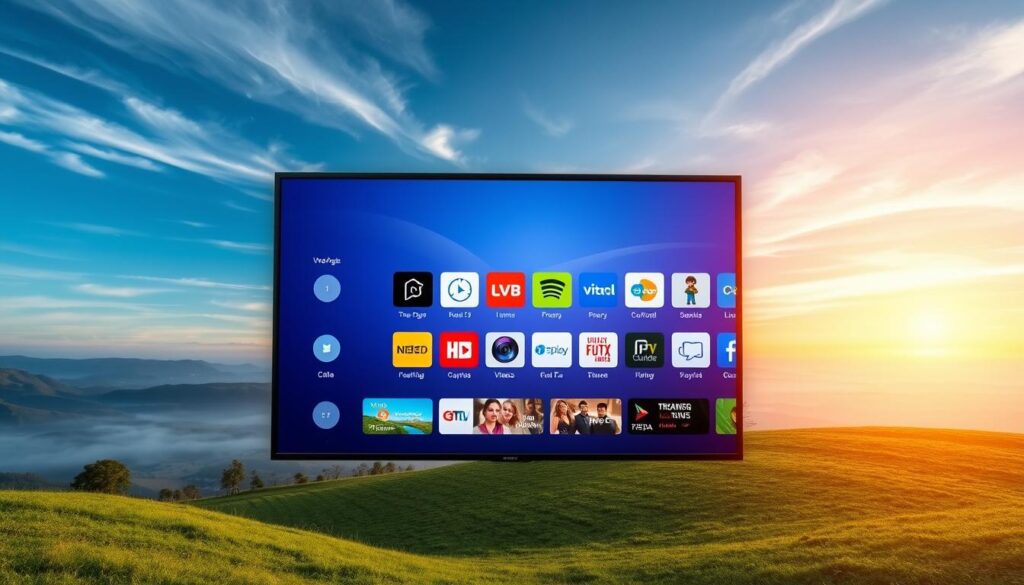 What is IPTV? IPTV streaming interface on a smart TV with multiple app icons