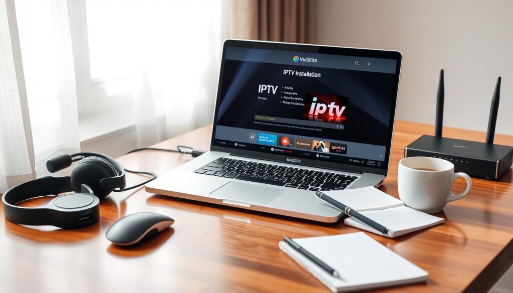 Install IPTV on Macbook with IPTV installation interface shown on a laptop screen