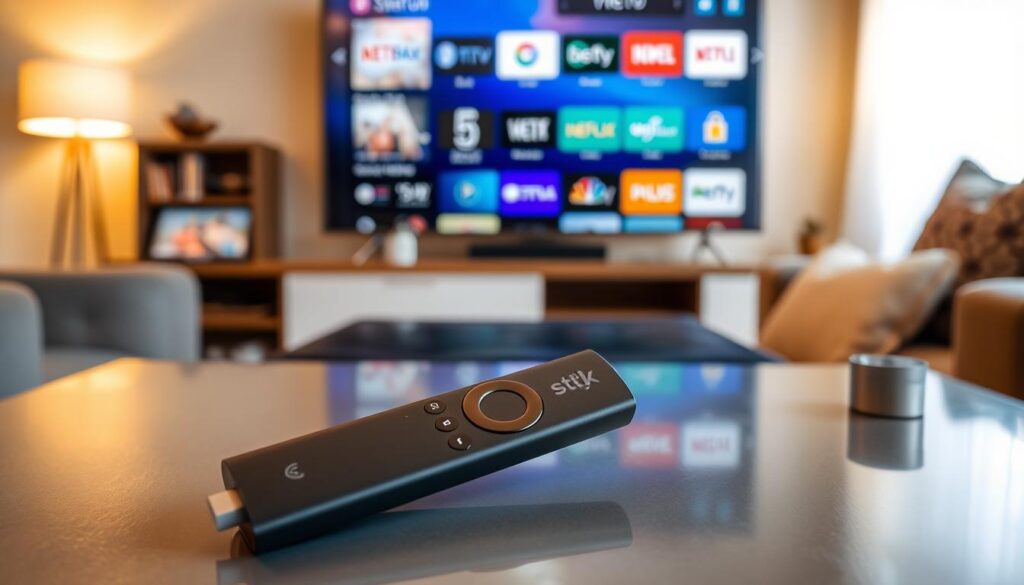 Install Smart IPTV on Firestick with a remote control in front of the TV displaying various streaming apps